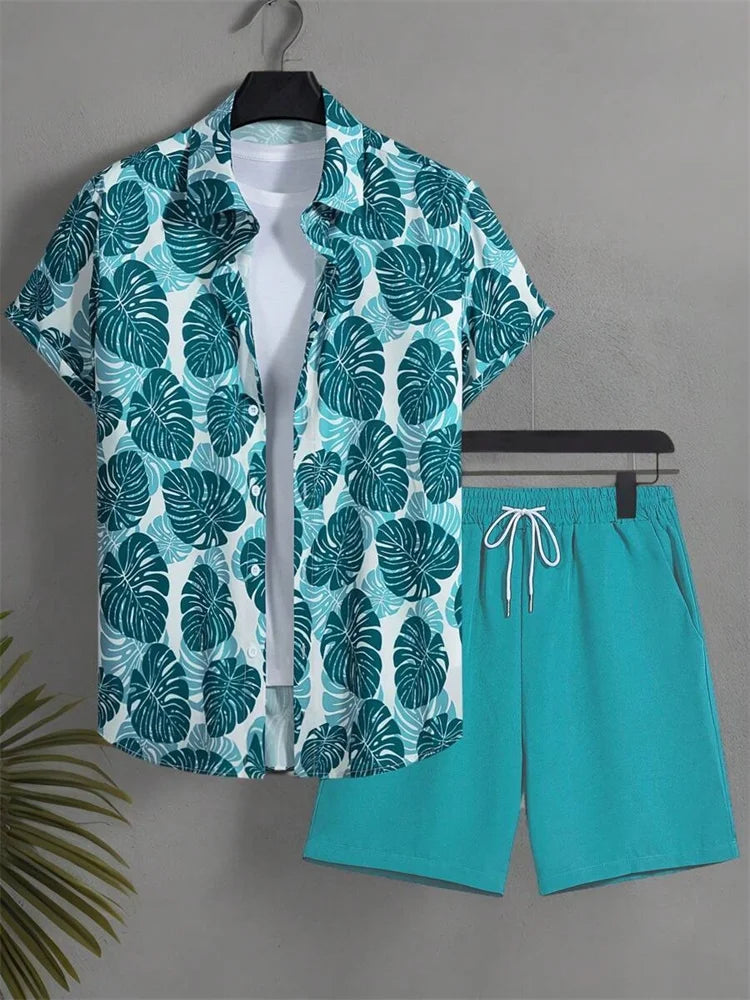 Men's Short-sleeved Shirt Set Artistic And Simple Style Plant Print Solid-color Shorts Casual Fashionable And Daily