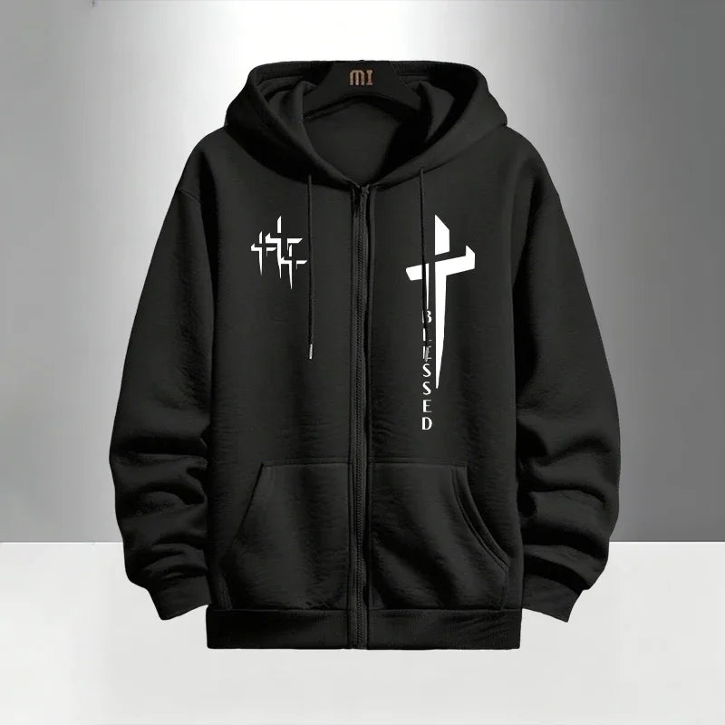 Urban Causal Fashion Hoodies Outerwear Sets Cross Blessed Print Tracksuit for Men Zipper Hooded Sweatshirt and Black Sweatpants