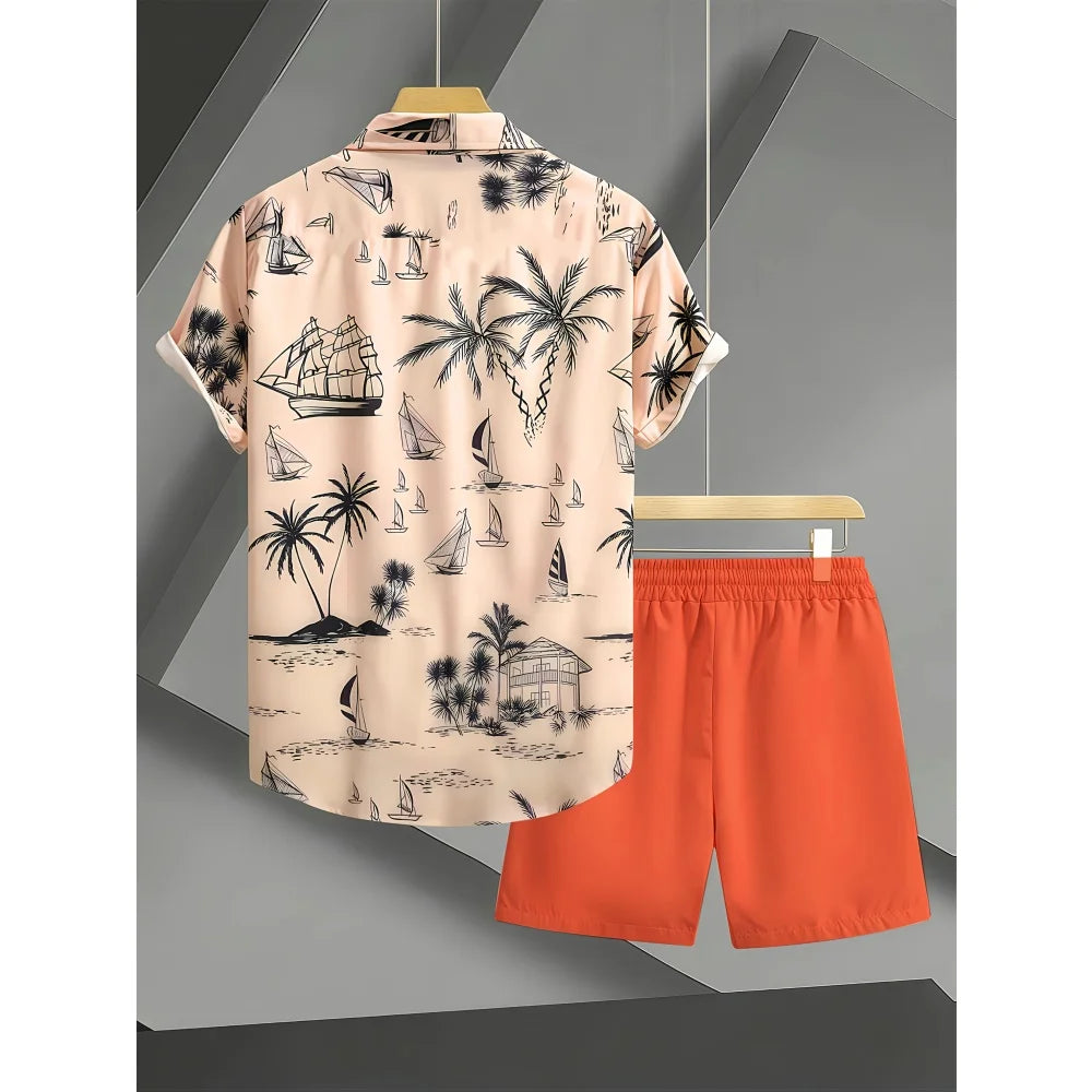 Summer Man Set Coconut Tree Fresh Flower Pattern Men's Short-Sleeved Button Shirt Summer Seaside Beach Vacation Hawaiian Shirt