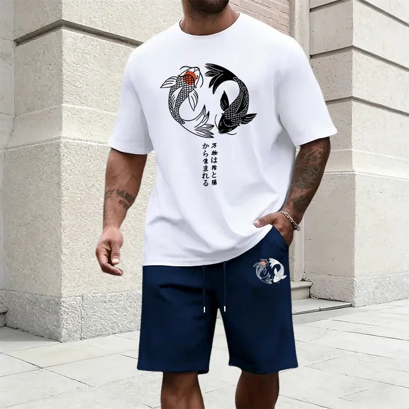 Japanese Yinyang Pattern Men's Tracksuit Cotton T-shirt and Sports Shorts Summer Urban Casual Fashion Short Sleeve Outfits S-3XL