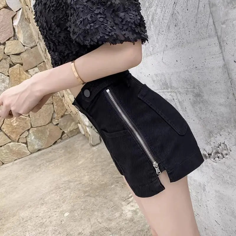 Jeans Shorts Women Straight Denim Short Trousers Side Zipper Split Design Outfits Club Women Clothing Summer Wide Leg Hot Pants