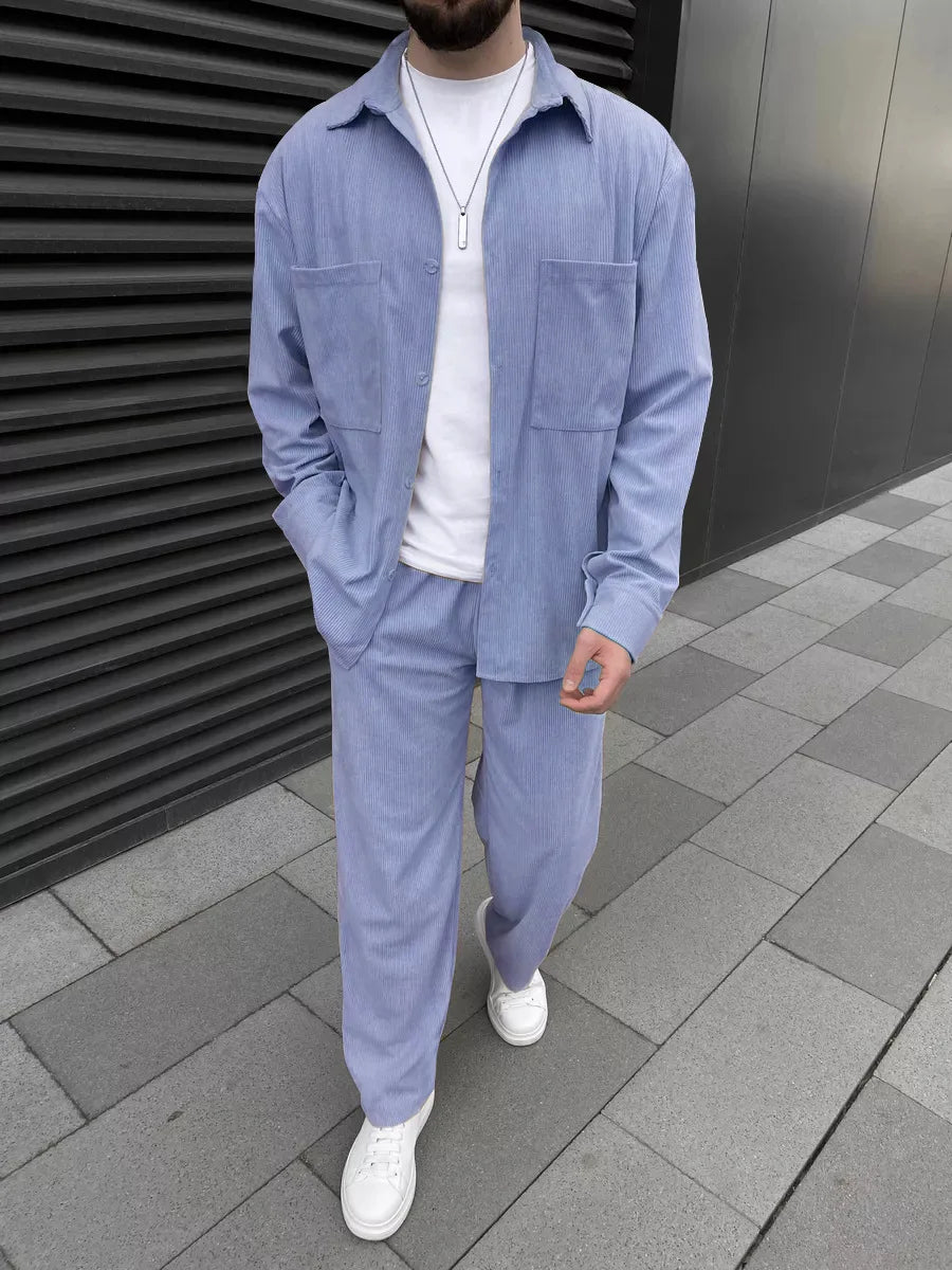 Men's corduroy two-piece outfit: long-sleeved button-down shirt and wide-leg trousers set, fashionable casual street sportswear.