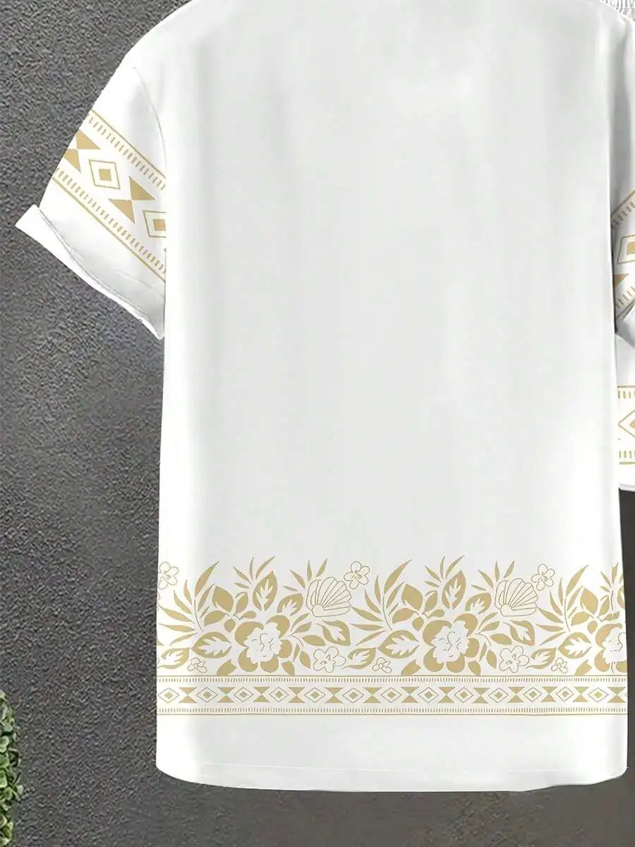 Mens Lapel Shirt And Beach Shorts Set White With Geometric Pattern Casual Summer Outfit