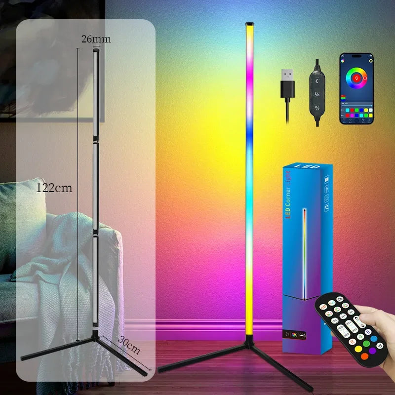 122cm Smart Corner Floor Lamp Dimmable APP Control RGB LED Modern Mood Lighting Stand Lights for Bedroom Gaming Living Room