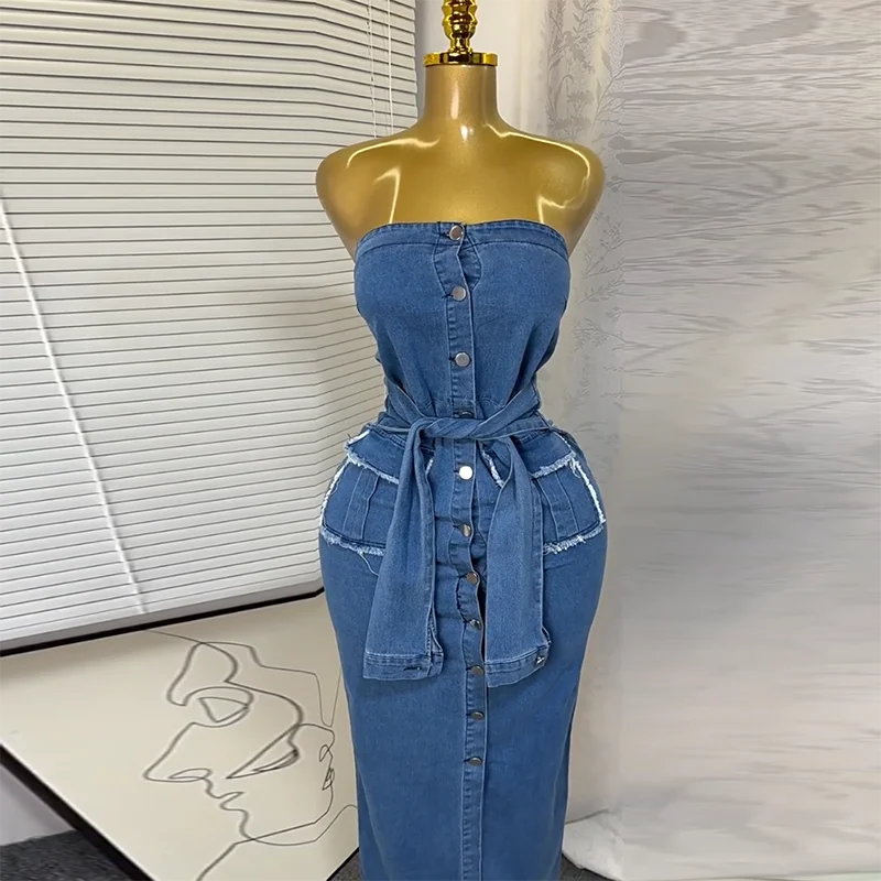 2026 Women Retro Strapless Demin Dress Sleeveless SingleBreasted LaceUp Slim Summer Streetwear Party clothing Sexy jeans Dresses