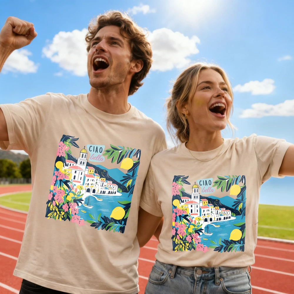 Italian Floral Mediterranean T-Shirt Ciao Bella Amalfi Coast Summer Tee Lemon Village Sailboat Positano Limoncello Travel Gift