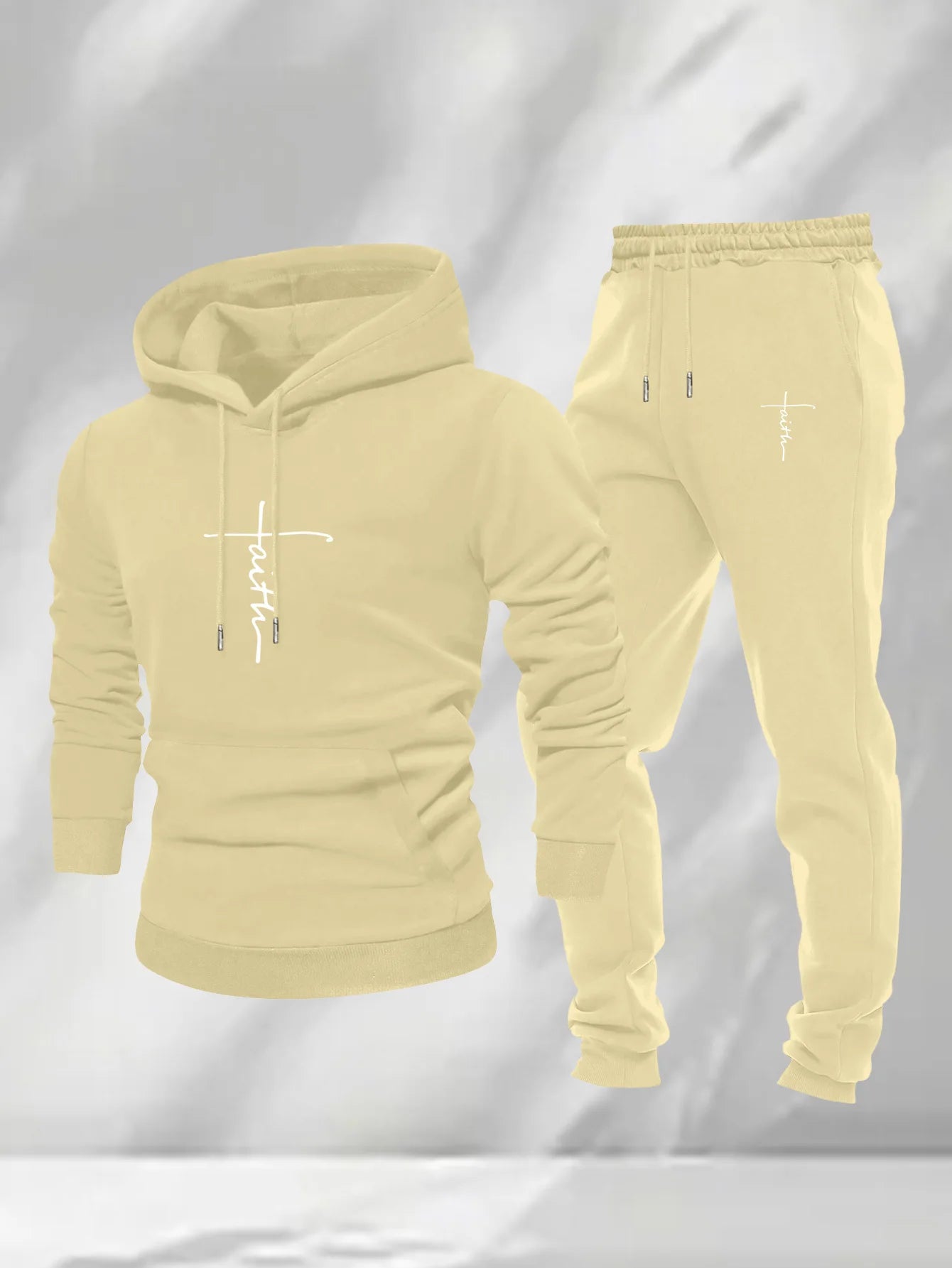 Men 2Pcs Faith Cross Graphic Hoodie Sweatpants Set Polyester Loose Autumn Street Casual Sport Tracksuit Male