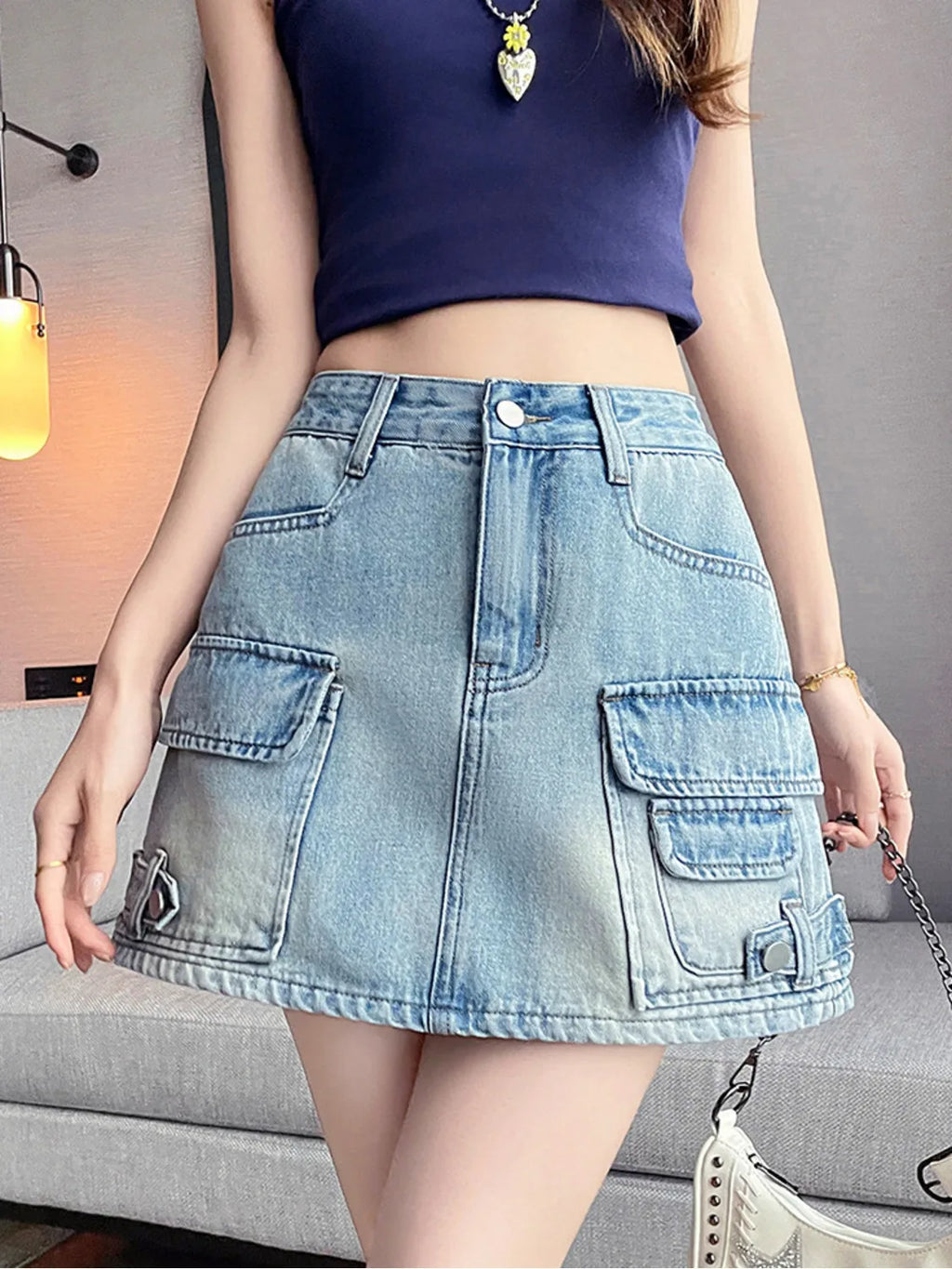 Women High Waist Cargo Denim Mini Skirt A-Line Multi Pocket Jean Skirt Button Fly Cotton Casual Summer Streetwear Y2K Vintage
