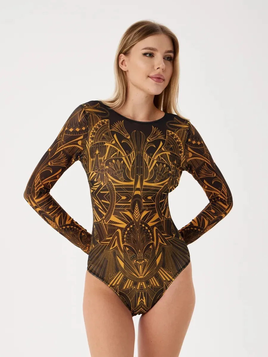 Long Sleeve Swimsuit Printed Sheer Mesh Swimwear Geometric Print Tribal Pattern Bathing Suit Red Orange High Neck Bodysuit