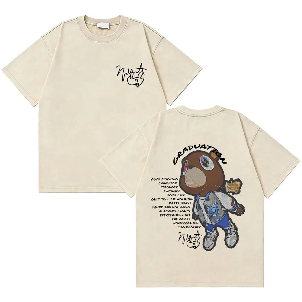 Awesome Rapper Kanye West Graduation Bear Vintage Washed T-shirt Men Women Hip Hop Fashion Trend Short Sleeve T Shirt Streetwear