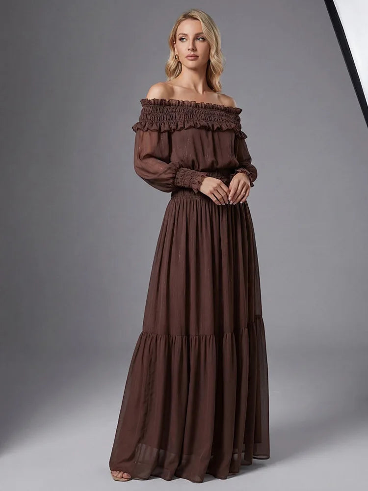 2026 Women's Summer Off-Shoulder Ruffles Brown Maxi Long Dress Elegant Evening Club Party Gown