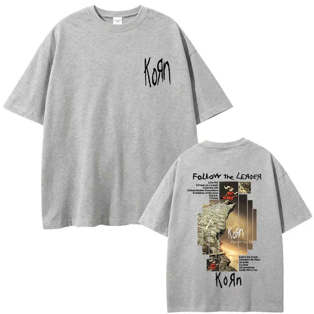 Rock Band Korn Follow The Leader Album Graphic T-shirt Men Women Casual Oversized T Shirts Male Vintage Alternative Metal Tshirt
