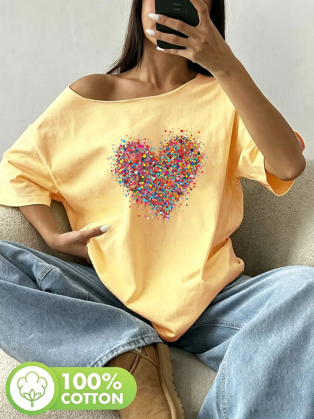 Plus Size 100% Cotton Shoulder Loose Print T-Shirt Oversized Y2K Style Graphic Tees Women Tops Summer Off The Shoulder Top