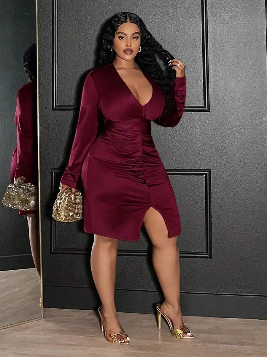 Elegant Sexy Ruched V-Neck Bodycon Long Sleeve Dress For Women Party Christmas