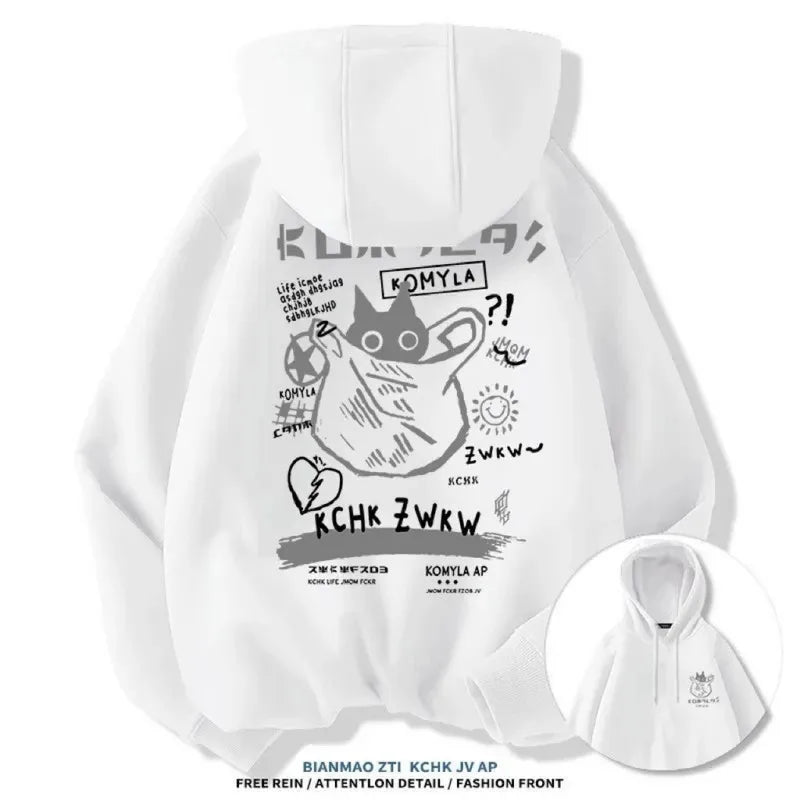 2025 unisex printed hooded sweatshirt with black cat letter pattern long sleeved sweatshirt, casual and comfortable