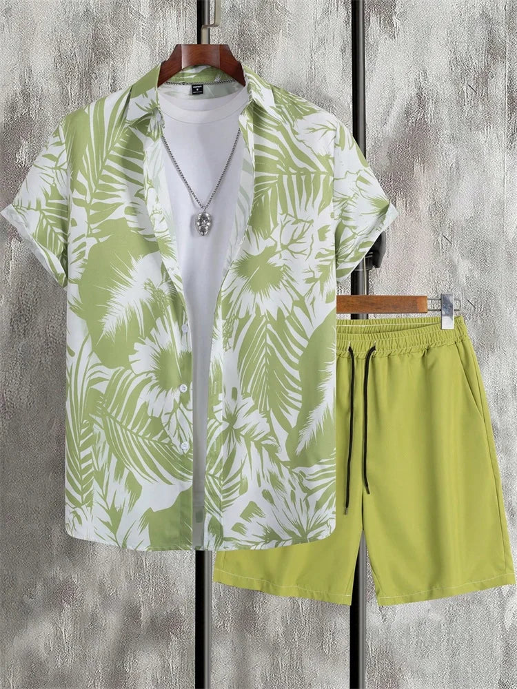 Men's Short-sleeved Shirt Set Artistic And Simple Style Plant Print Solid-color Shorts Casual Fashionable And Daily