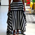 Fashion Irregular Splice Ruffle Edge Outfit Chic Striped Printed Top+Skirt 2pc Set Sexy Waist Cinch Backless Beach Holiday Suit
