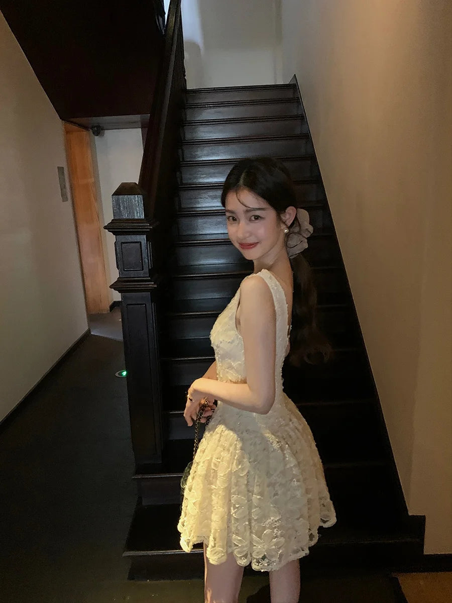 MUKOK Summer Women's Vest Dress Belted Waist Short Skirt Embroidered Sash A-Line Silhouette City Commute Casual Style Dress