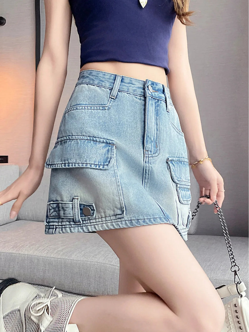 Women High Waist Cargo Denim Mini Skirt A-Line Multi Pocket Jean Skirt Button Fly Cotton Casual Summer Streetwear Y2K Vintage