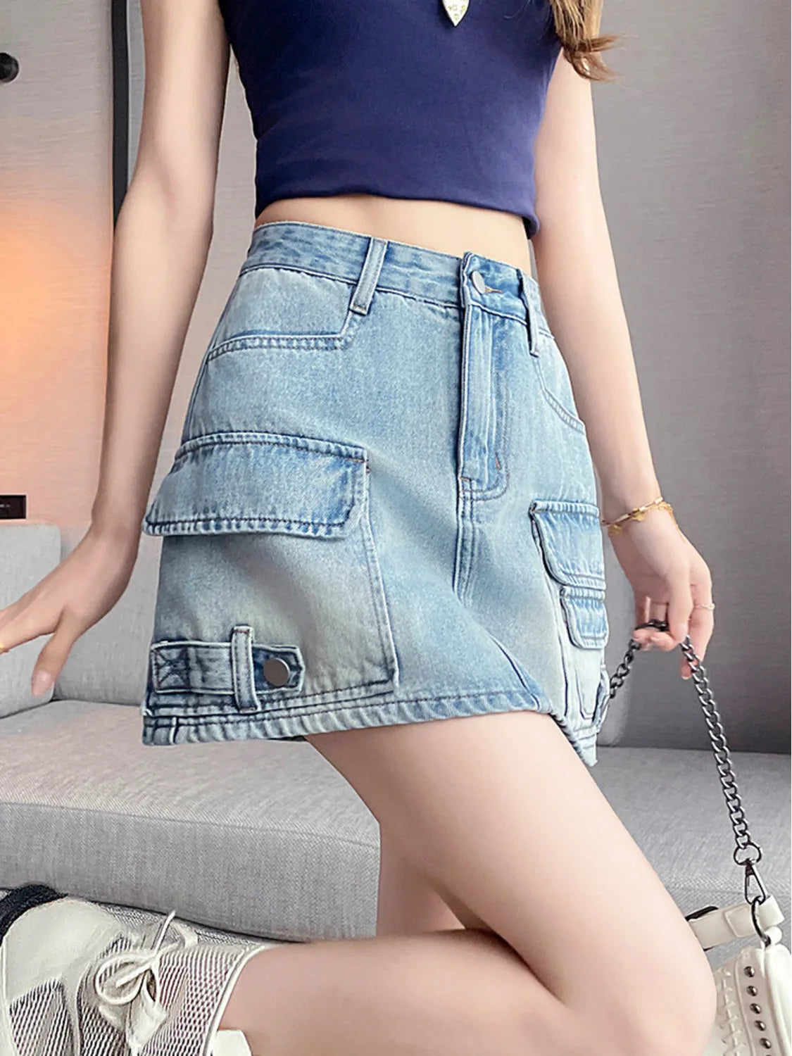 Women High Waist Cargo Denim Mini Skirt A-Line Multi Pocket Jean Skirt Button Fly Cotton Casual Summer Streetwear Y2K Vintage