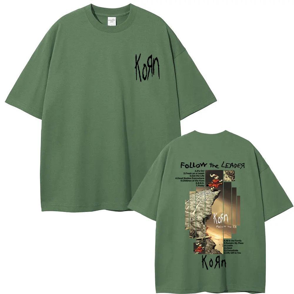 Rock Band Korn Follow The Leader Album Graphic T-shirt Men Women Casual Oversized T Shirts Male Vintage Alternative Metal Tshirt