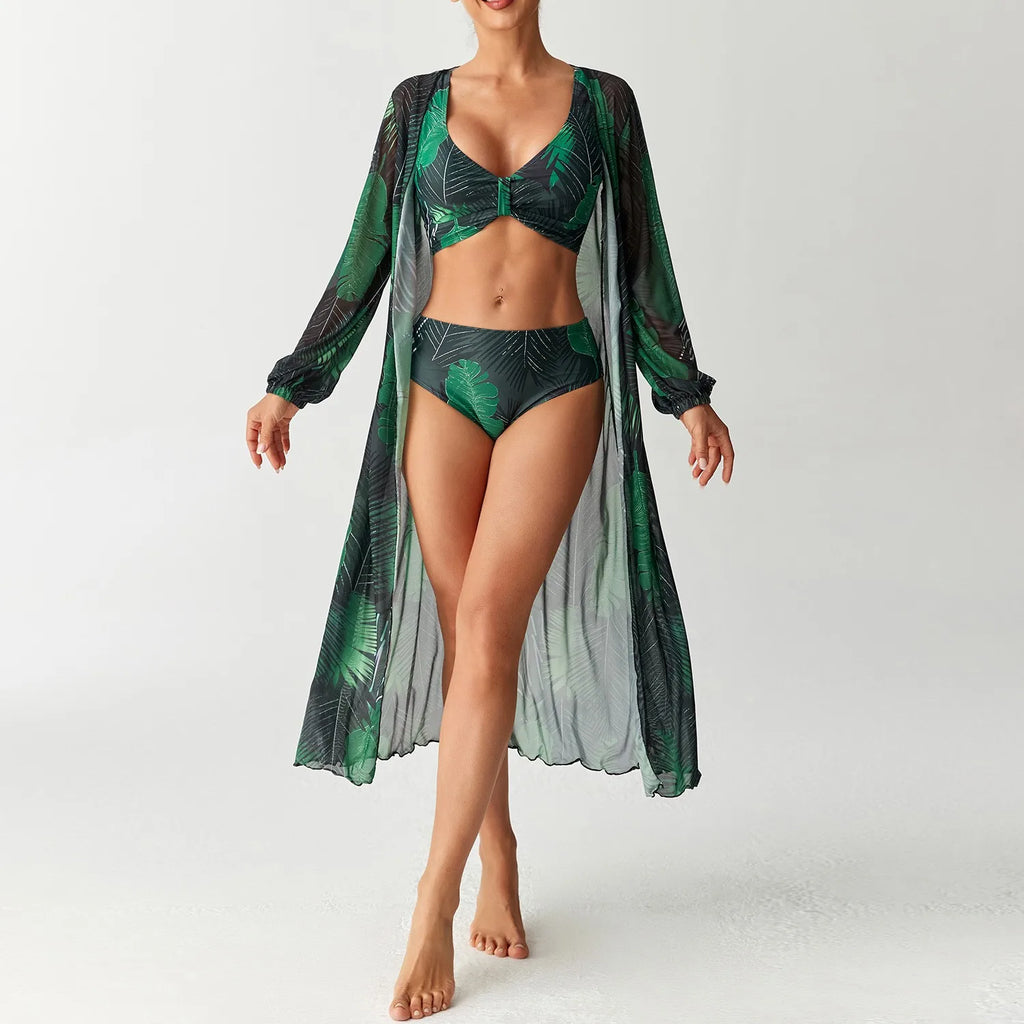 Women's 2026 Tankini Printed High Waist Long Sleeve Tankini Top Floral Print V Neck Swim Top Tropical Leaf Print Bikini Top
