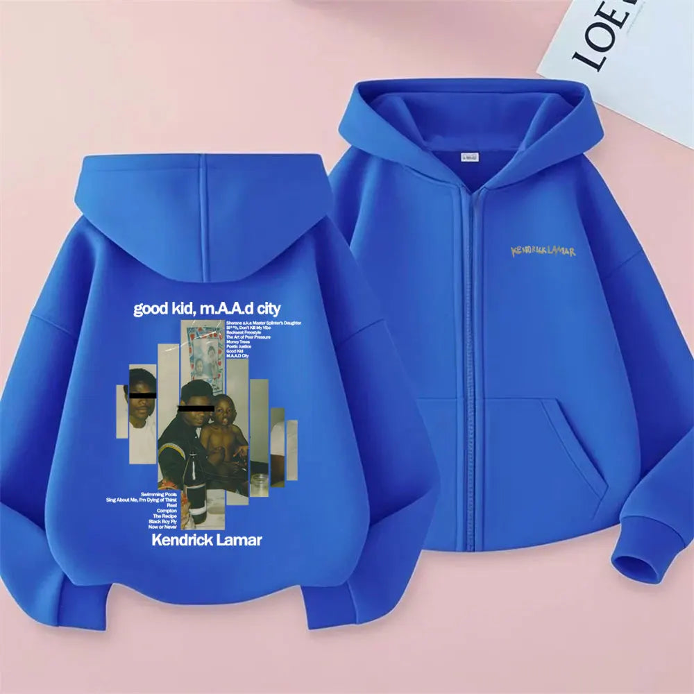 Rapper Kendrick Lamar Good Kid Album Graphic Zipper Hoodie Men Women Hip Hop Vintage Zip Up Jacket Male Oversized Zip Up Hoodies