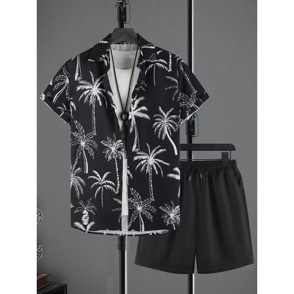 Summer Man Set Coconut Tree Fresh Flower Pattern Men's Short-Sleeved Button Shirt Summer Seaside Beach Vacation Hawaiian Shirt