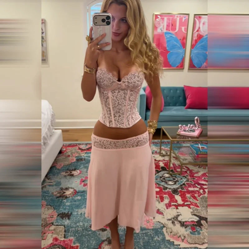 Chic Pink Lace Corset Two-Piece Set Women Sexy Spaghetti Strap Top Flowy Satin Midi Skirt Summer Party Evening Cocktail Outfit