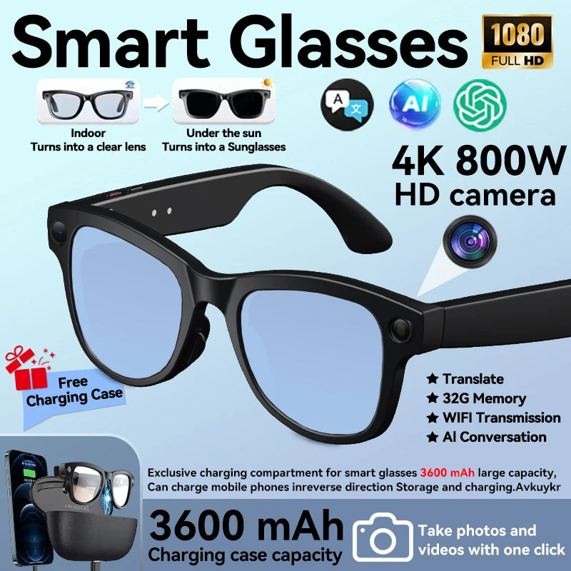 3600mAh Power Bank Smart Glasses 800W 4K HD Pixel 32GB Translation Bluetooth Music Ultra AI Smart Glasses with video camera 2026