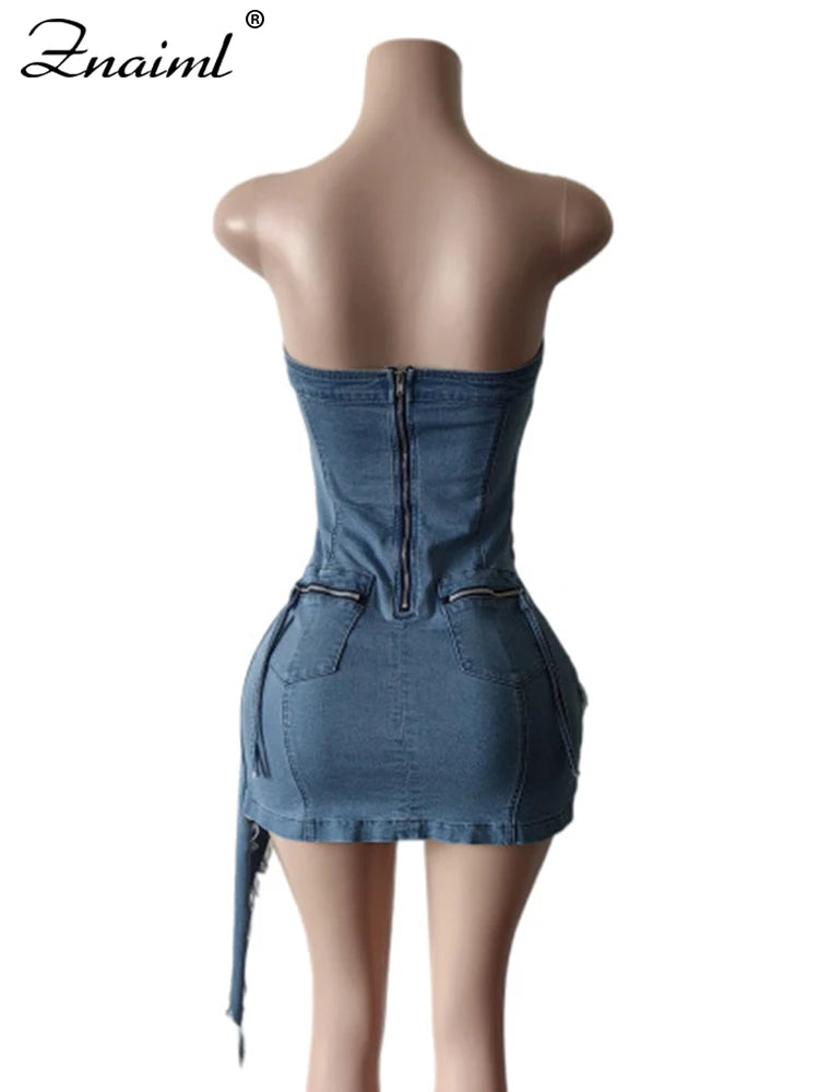 Znaiml Stretch Denim Strapless Off Shoulder Short Dress for Women Single-Breasted irregular Blue Jean Mini Dress Female Birthday