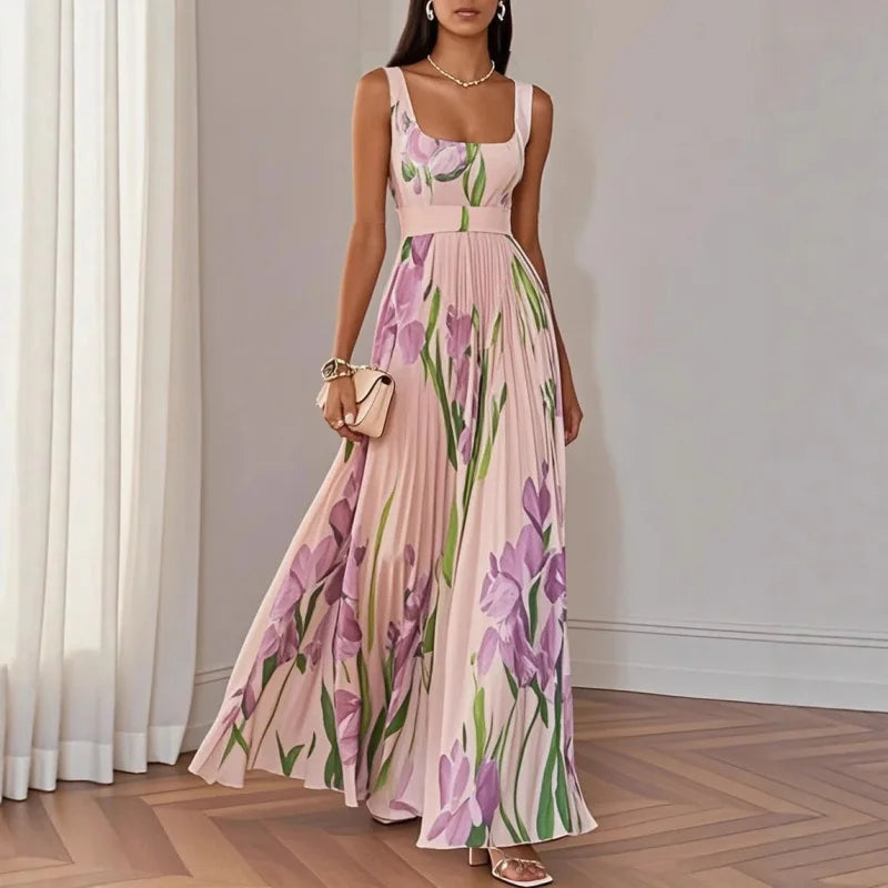 Hot Sale Women High Waist Pleated Maxi Dress Square Neck Sleeveless Floral Digital Print Strap Summer Beach Vacation Long Dresse