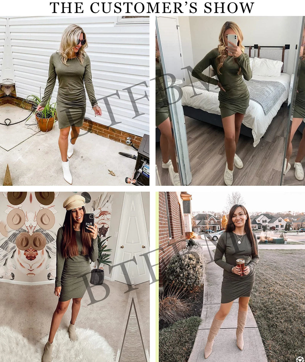 Women Fall Ruched Bodycon Long Sleeve Dress Wrap Front Elegant Casual Basic Fitted Short Dresses, M Wine Red
