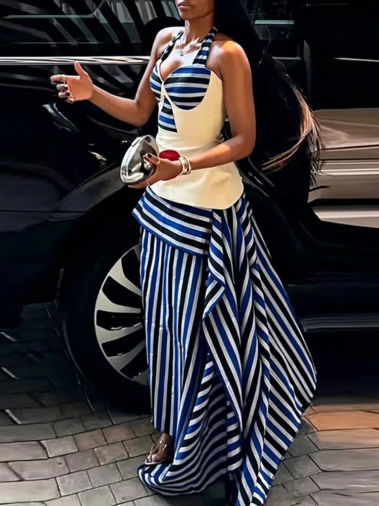 Fashion Irregular Splice Ruffle Edge Outfit Chic Striped Printed Top+Skirt 2pc Set Sexy Waist Cinch Backless Beach Holiday Suit
