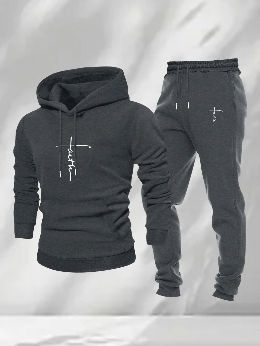 Men 2Pcs Faith Cross Graphic Hoodie Sweatpants Set Polyester Loose Autumn Street Casual Sport Tracksuit Male