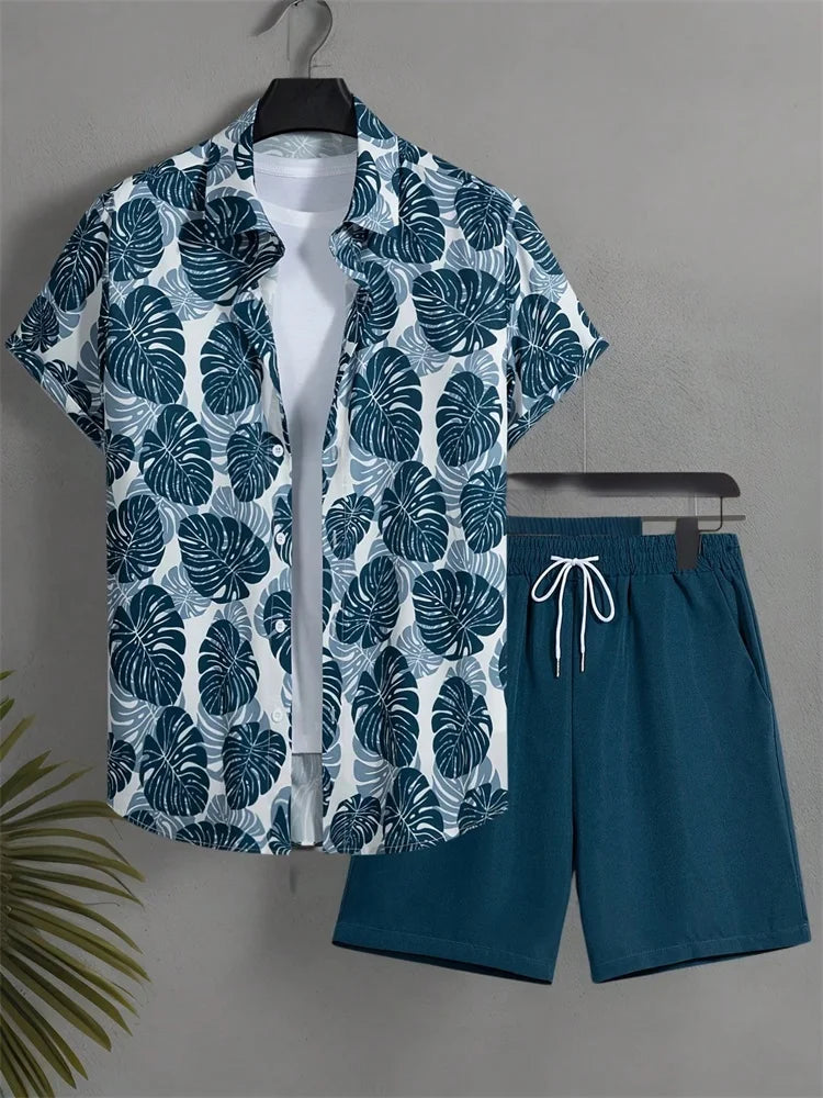 Men's Short-sleeved Shirt Set Artistic And Simple Style Plant Print Solid-color Shorts Casual Fashionable And Daily