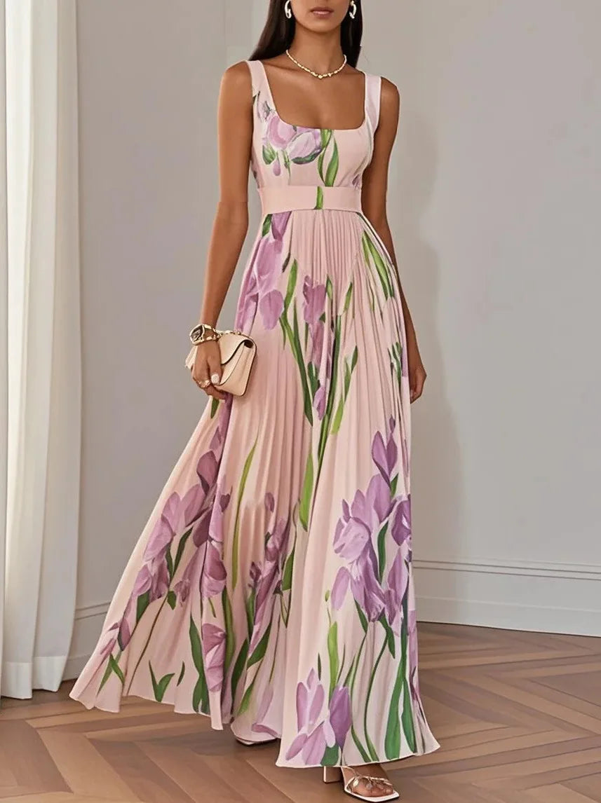 Hot Sale Women High Waist Pleated Maxi Dress Square Neck Sleeveless Floral Digital Print Strap Summer Beach Vacation Long Dresse