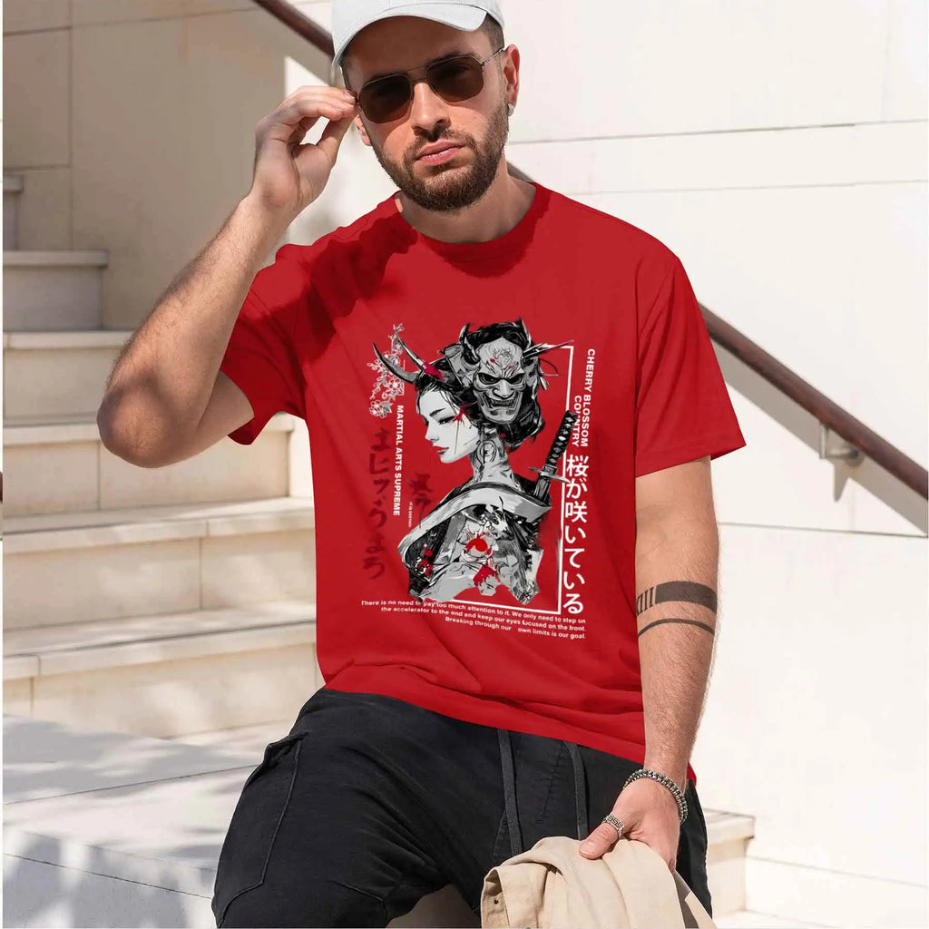 new printed T-shirt printed with  Men's Japanese Dark Ukiyo-e T-shirt, Oni Mask Geisha Katana Print Cool Street Style Top