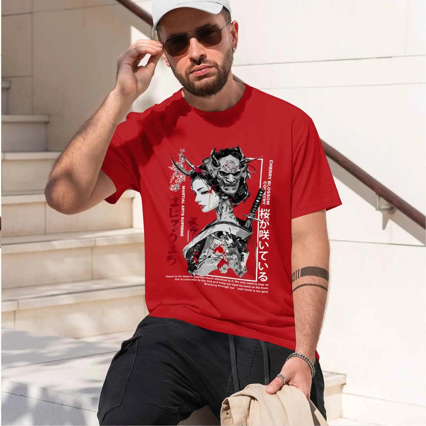 new printed T-shirt printed with  Men's Japanese Dark Ukiyo-e T-shirt, Oni Mask Geisha Katana Print Cool Street Style Top