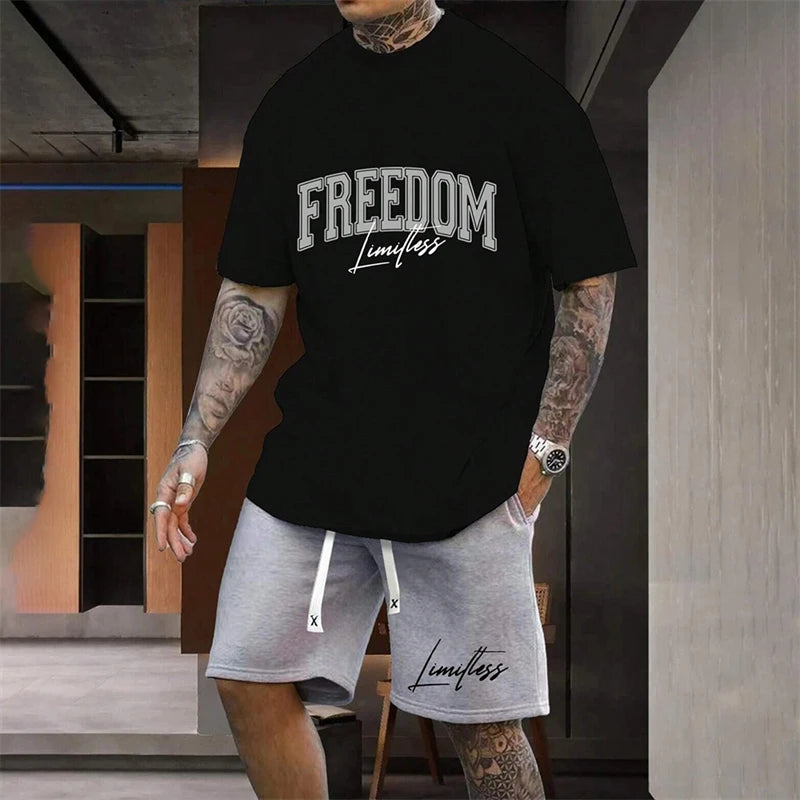Men's Outdoor Letter Print Shorts Set Two-Piece Streetwear Two-Piece Athletic Wear Crew Neck T-Shirt Fashion Men's Apparel