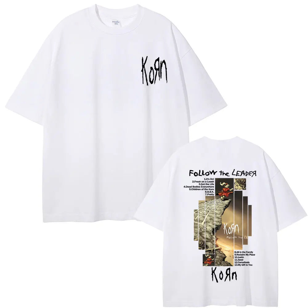 Rock Band Korn Follow The Leader Album Graphic T-shirt Men Women Casual Oversized T Shirts Male Vintage Alternative Metal Tshirt