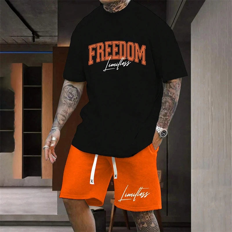 Men's Outdoor Letter Print Shorts Set Two-Piece Streetwear Two-Piece Athletic Wear Crew Neck T-Shirt Fashion Men's Apparel