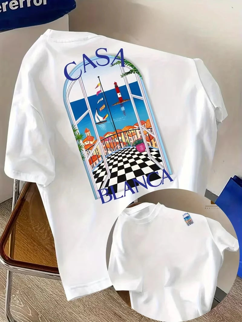 Casablanca Aesthetic Architectural Graphic T-Shirt Casual Short Sleeve Tee Fashion Harajuku Kawaii Women's Y2K Clothing Unisex