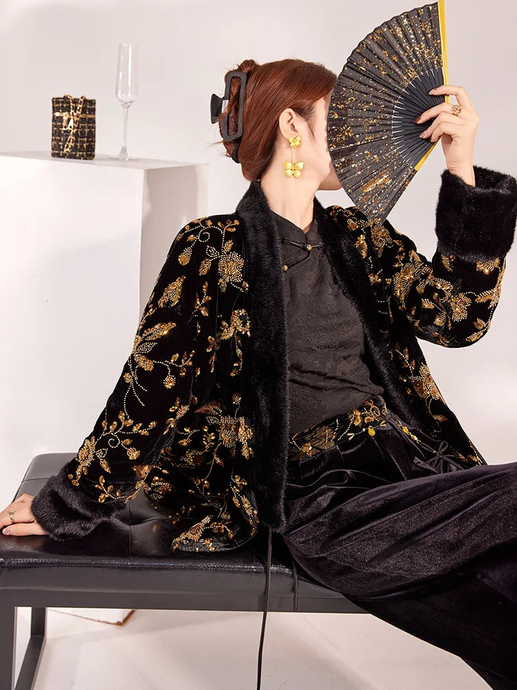 New Chinese Style Winter Women's Clothing, High-end V-neck New Chinese Style Gold Bead Embroidered Cotton Jacket Coat Outerwear