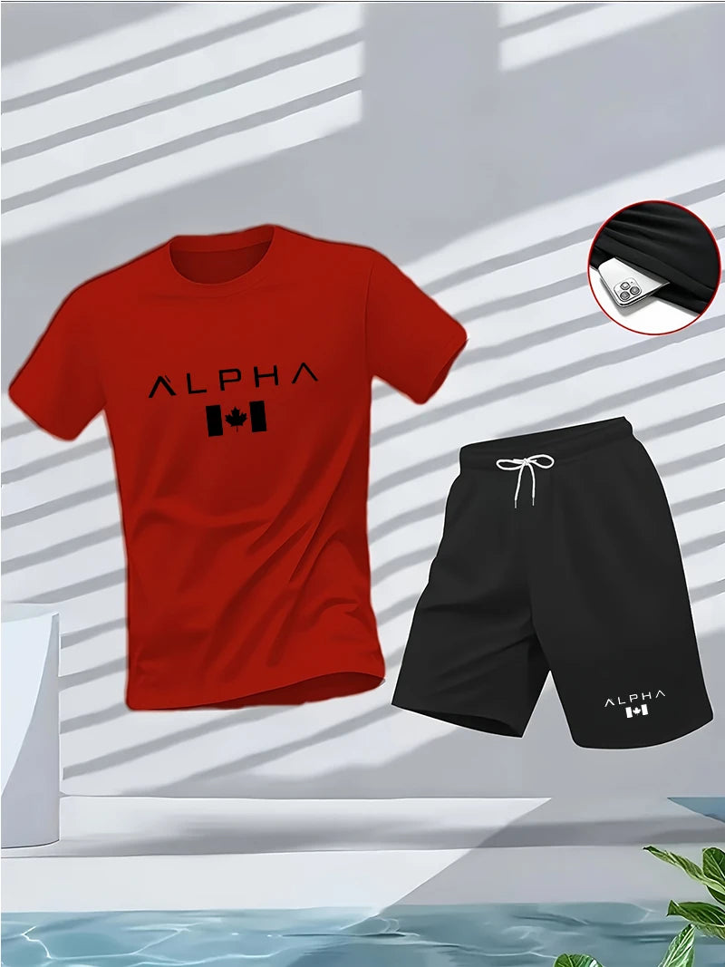 Men's summer fitness and sportswear set, round-neck short-sleeved T-shirt fashionable and casual