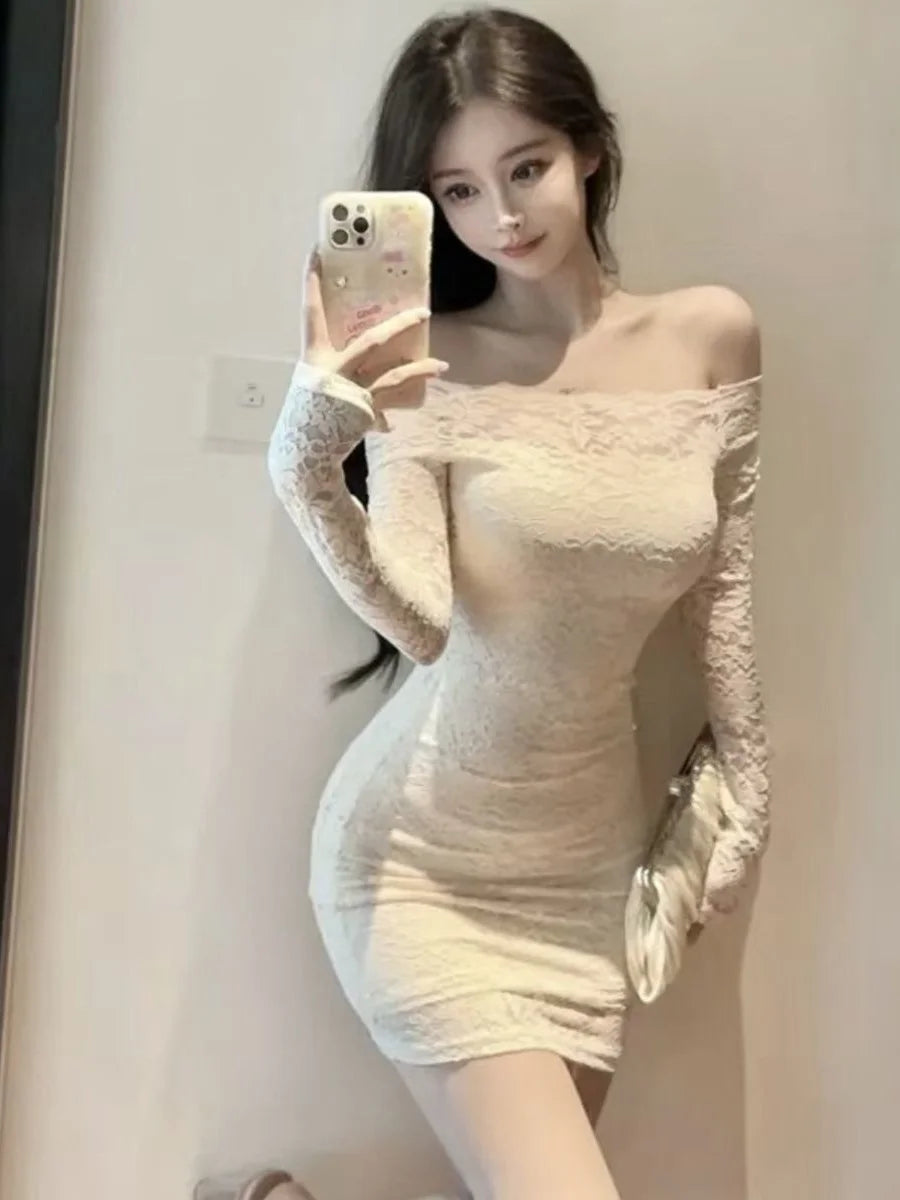 plus Size Lace Trim Slim Fit Long Sleeve Base Layer Dress High Waist City Commute Style Women's Fashion Autumn Season Dress
