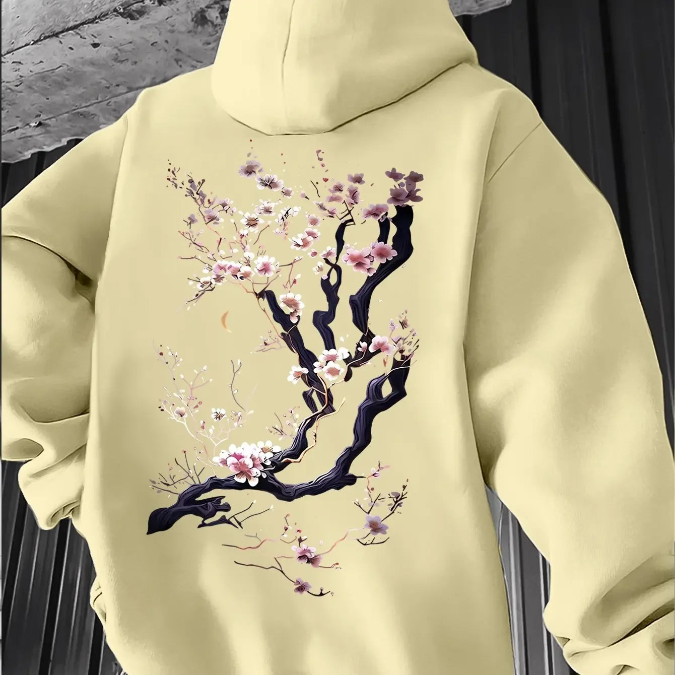 Men'S Hoodie Designed with Retro Ink Wash Style Cherry Blossom Branches Reflecting Eastern Aesthetics Made from Knit Fabric