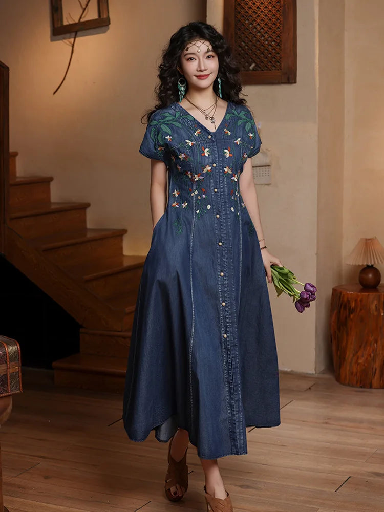 TIYIHAILEY Women Denim Dresses Long Mid-Calf Single Breasted Summer M-4XL Chinese Style Embroidery V-Neck New Vintage 2026