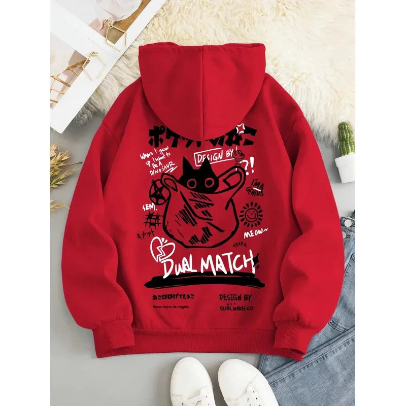 2025 unisex printed hooded sweatshirt with black cat letter pattern long sleeved sweatshirt, casual and comfortable