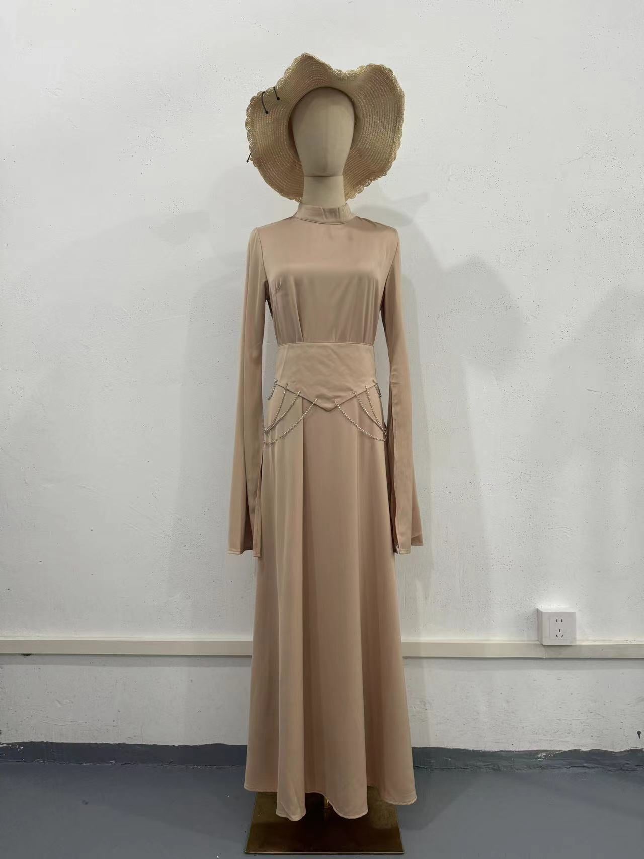 Long-Sleeve Half-High Collar Waist-Cinching Dress